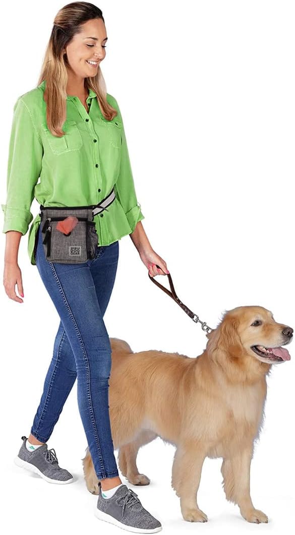 Mobile Dog Gear Dog Walking Fanny Pack (6"x7", Heathered Gray) - Dog Training Treat Pouch with Poop Bag Dispenser & Bags, Reflective Wrist Straps, Adjustable Shoulder Strap, Flashlight, Bottle Pocket