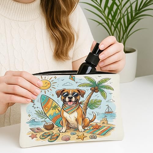 Cute Boxer Dog Makeup Bag, Coastal Beach Shells Cosmetic Travel Pouch for Women Girls, Portable Small Canvas Zipper Organizer, Pet Toiletry Bag 7x9 Inch