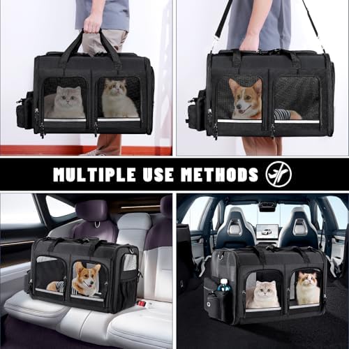 Cat Carrier for 2 Cats,Double Cat and Dual Dog Carrier Large for Two Pets | Collapsible ,Small to Medium Size, 2 Front Zippered Compartments,Removable Divider,Multiple Cat Cabin (Black)