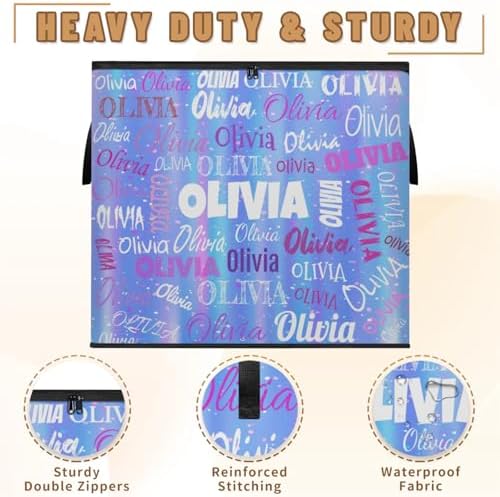 Personalized Name Large Storage Basket with Lid, Canvas Storage Bins Quilt Clothes Organizer for Bedroom, Kitchen, Bathroom, Nursery, Shelves, Closets, Gradient Blue Stripes with Stars