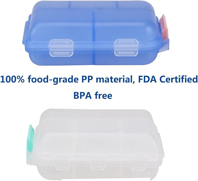 Pill Case (2 Pack) - Portable Small Supplements Tablet Container Box with 10 Compartments - Medicine Vitamin Organizer Dispenser Holder Storage for Travel Trip Pocket Purse(Blue+White)