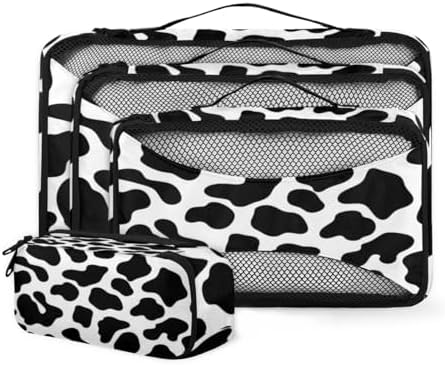 Cow Print 4 Set Packing Cubes Luggage Organizer Bags for Travel Accessories and Essentials, Black Cow Print