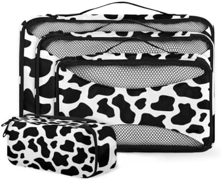 Black White 4 Set Packing Cubes Luggage Organizer Bags for Travel Accessories and Essentials, Fun Cow Print Farm Animal