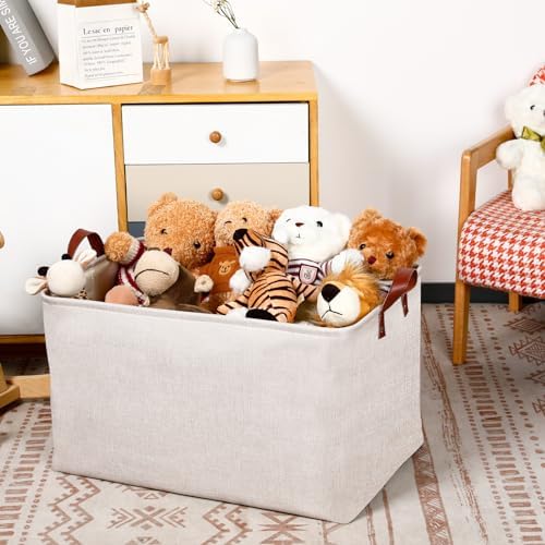 DULLEMELO Large Beige Storage Basket 70L Oversized Canvas Fabric Storage Bin, Collapsible Rectangular Toys Basket Organizer with Handles, 22X15 Storage Container for Clothes, Blankets, Pillows