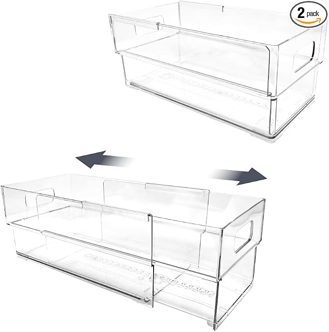Isaac Jacobs 2-Pack Clear Expandable Storage Bins - Small | 11"-19" L x 5.8" W x 4.8" H, Plastic Organizer with Cut-Out Handles, Adjustable Length from 11-19" for Home, Kitchen & Office