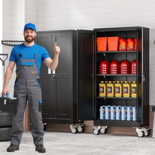 45.6" Metal Garage Storage Cabinet with Wheels and Locking Doors and Tall Rolling Steel Tool Cabinet with 3 Adjustable Shelves for Garage,Home,Office,Shop (Black, 45.6''H x 23.7''W x11.8''D)