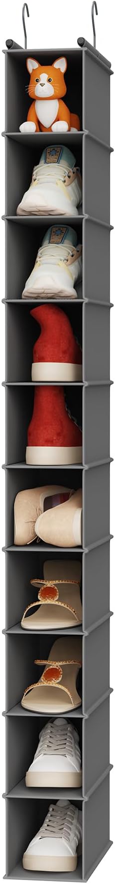 MAX Houser 10-Shelf Hanging Shoe Shelf Organizer, Hanging Shoe Storage for Closet (Grey) | Foldable Hanging Shoe Storage Shelf with 2 Metal Hooks, Space Saving Storage for Narrow Space