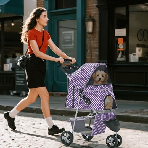 Foldable 3-Wheel Pet Stroller for Dogs & Cats, Purple Polka Dots | Storage Basket & Cup Holder, Breathable Mesh Cover, Lightweight and Durable, for Small to Medium Pets, up to 33 lbs