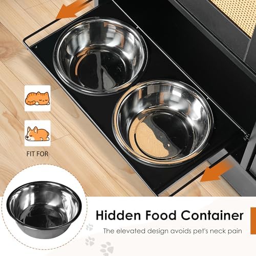 Pet Feeding Station Cabinet with Hidden Pull Out Elevated Stainless Steel Bowls, Rattan Doors, Side Hooks, Anti Tipping Kit, Storage Lockers, Organizer for Food, Treats, Toys, Leashes, Supplies