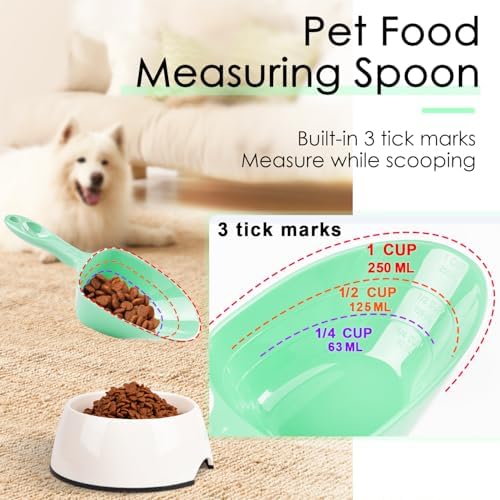 Melamine Pet Food Measuring Scoop, 1 Cup 1/2 Cup 1/4 Cup with Clear Measurement Lines for Dog, Cat, Bird, and Rabbit, Durable, Ergonomic Handle, Dishwasher safe-Green