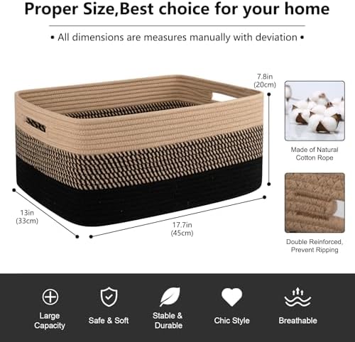 OIASKET Large Storage Basket for Organizing, Woven Rope Basket for Shelves, Closet Organizer Bins for Clothes, Blanket, Toys, Baby Nursery Storage, 17.7" x 13" x 7.87", 2 Packs Black & Brown