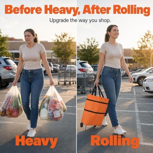 Foldable Shopping Cart Rolling Bag, Heavy Duty Wheeled Cart Bag | Portable Compact Cart for Groceries, Laundry & Camping Gear for Travel & Apartment Storage