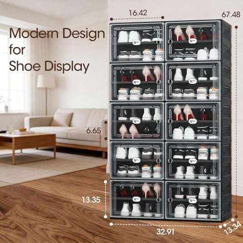 Black Shoe Storage Cabinet for 40 Pairs with Magnetic Clear Doors | Tool-free Assembly, Foldable Shoe Rack, Reinforecd Structure, Anti-Tiping, Furniture for Shoe Organizer, Closet, Garage