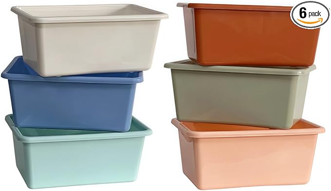 6 Pack Small Cubby Bins, Plastic Storage Containers for Classroom, Boho | Multi-Purpose Stackable Bin Organizer Storage Cubbies for Home, Playroom and Library, Shelf Bins, Book Bins
