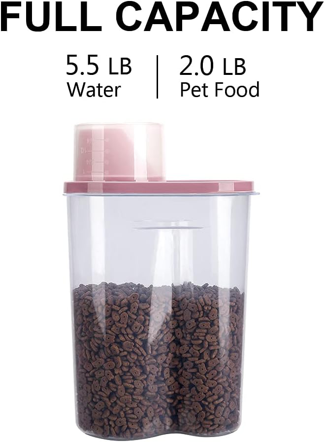 2 Pack 2lb/2.5L Pet Food Storage Container with Measuring Cup, Can Covers and Bowl for Small Dog, Cat, Waterproof-BPA Free (Blue and Pink)