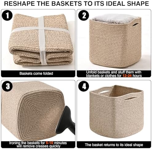 ICERZCZ 13 Inch Cube Closet Storage Bins 13x13x13 in, Mixed Brown Pack of 3 | Woven Cotton Rope Organizer Baskets for Organizing & Shelves, Books, Towels, Clothes, Toys, Living room, Bathroom, Nursery