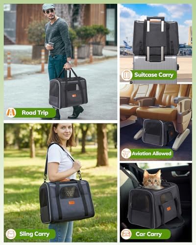 Morpilot Cat Carrier - Cat Carrier Soft for Small or Medium Cats up to 20lbs, with Sided Cushion, Secure Buckle and Foldable Bowl, Dog Carriers for Small Dogs (Dark Gray)