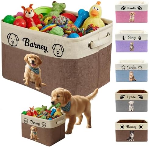 Personalized Fabric Dog Toy Basket Custom Pet Collapsible Toy Box with Name Picture Customized Storage Bins for Dog Toy Clothing,Brown