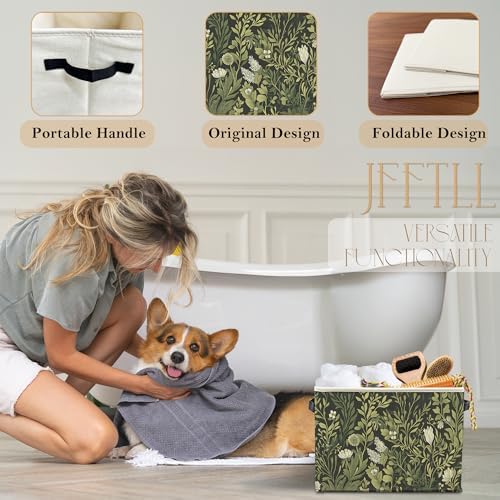 Vintage Boho Botanical Floral Storage Bins with Handles, Farmhouse Dark Cottagecore Green Leaf Collapsible Laundry Basket Storage Box for Home Bedroom Bathroom Clothes Toys Books