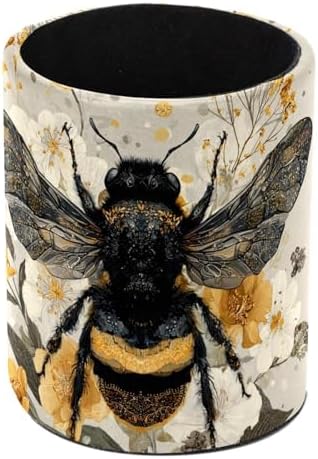 Faux Leather Pen Holder for Desk, Pencil Organizer Cute Bee Pen Cup Desk Decor Makeup Brush Holder Storage for Office Home