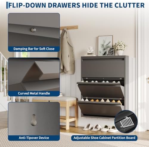 Garvee Slim Metal Shoe Cabinet with 3 Flip Drawers for Entryway, Dark Gray | Narrow Shoe Storage, Wall Mounted or Floor Standing, Detachable Bottom Corners for Flexible Placement, Anti-Tip Wall Mount