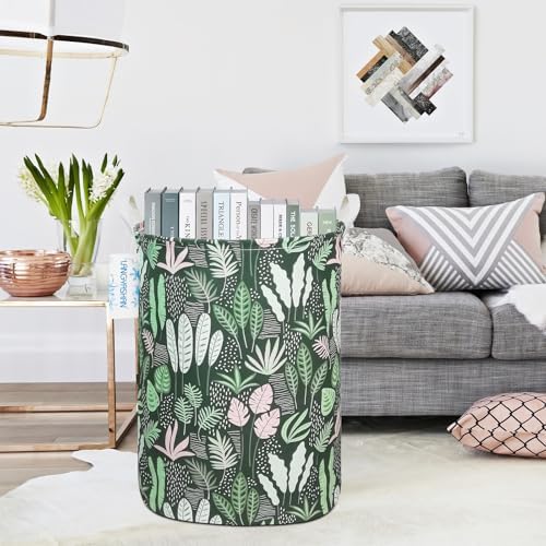 Round Laundry Basket Collapsible Storage Hamper Organizer Full Leaf | Waterproof Canvas Foldable Baskets with sturdy Handles Multi-scene Organizer for Home Play Bedroom Gift Bin