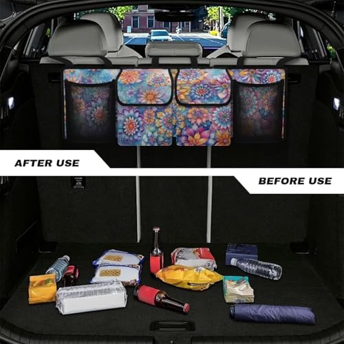 Dreaweet Boho Floral Trunk Organizer for Car Women Car Trunk Backseat Organizer Large SUV Hanging Storage Bag with 4 Pockets Foldable Car Seat Organizers and Storage for SUV Vehicle Trucks
