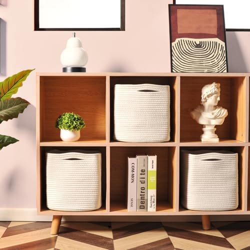 ICERZCZ 13 Inch Cube Closet Storage Bins, Woven Cotton Rope Organizer Baskets for Organizing & Shelves, Books, Towels, Clothes, Toys, 13x13x13 in, Off White (Pack of 3)