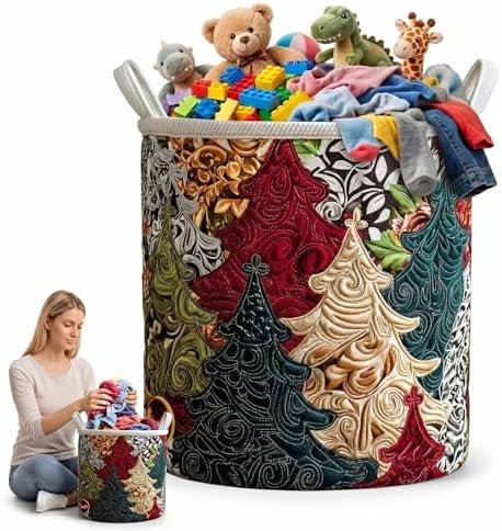 Quilted Laundry Basket with Handles, Boho Floral Fabric Storage Hamper, Large Soft Storage Hamper for Bedroom, Laundry Room, Clothes(14"x 18")