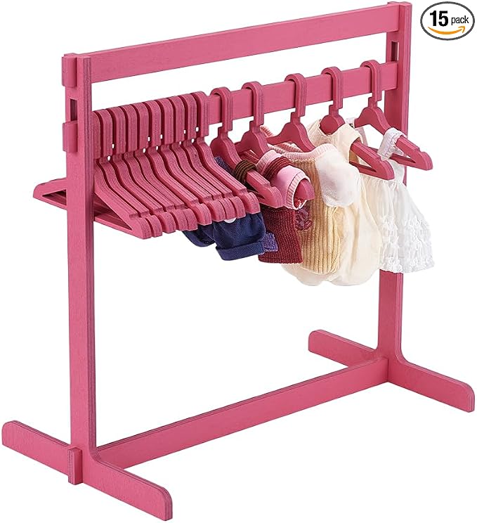 UNICRAFTALE 1 Set Mini Garment Rack With 15Pcs Mini Wooden Clothes Hanger | 30cm High Full Wood Construction Rose Pink For Doll Clothes Display Cat Puppy Small Clothes Storage Mini Dress Up Accessory