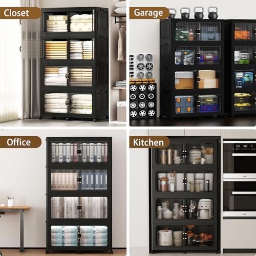 SAILUN 760Qt Stackable Storage Bins,Storage Cabinet with a Lid,4 Pack Black