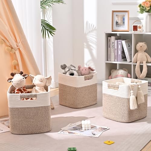 11 Inch Storage Cubes, 3 Pack Cube Storage Bins for Organizing, Cotton Rope Woven Baskets for Shelves, Bathroom, Kids Room, Closets, Baby Nursery