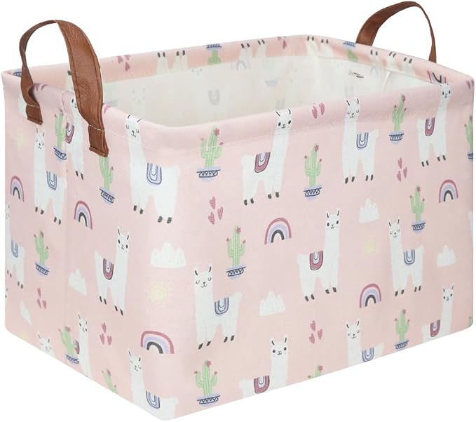 FXOLCSHE Rectangular Pink Alpaca Basket,Collapsible waterproof nursery laundry basket,Toy nursery, kids clothes gift basket with handles,Kids Room Decor(Alpaca)