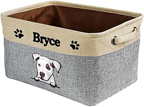 Personalized Storage Basket with Funny Dog Pit Bull Collapsible Sturdy Fabric Pet Toys Fabric Dog Toy Storage Bin Cube with Handles for Organizing, Grey and White