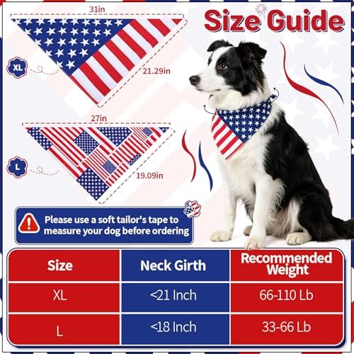 4th of July Dog Bandanas Dual-Layer 2 Pack, Patriotic American Flag Pet Reversible Triangle Scarf, Memorial Independence Day USA Bandana for Large and Extra Large Dogs(Large)