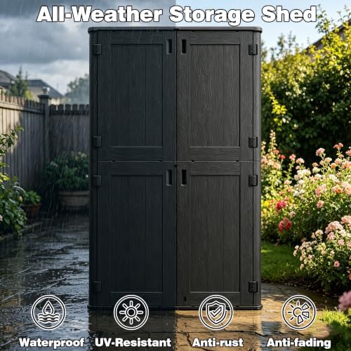 Tall Vertical Outdoor Storage Cabinet with 3-Tier Shelves, 6.8x4 Ft Waterproof Thickened Black Resin Storage Shed for Patio, Garden and Garage