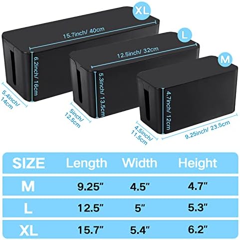 Cable Management Box, 3 Pack Cord Organizer Boxes with 33 PCS Cable Management Set to Cover Hide Power Strip, Surge Protector Under Desk & on Floor, Wire Concealer for Home Office Computer TV (Black)