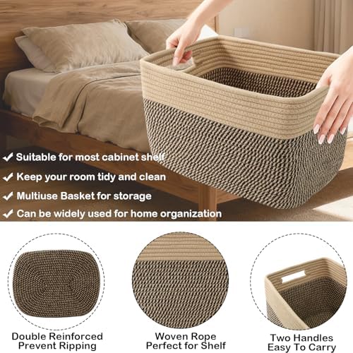 3 Pack Woven Baskets,Storage Baskets for Shelves with Handles | 13.5"×11"×9.5", Closet Baskets, Nursery Organizer for Toys Towels Books, Storage Bin for Living Room Bedroom (Jute & Black)
