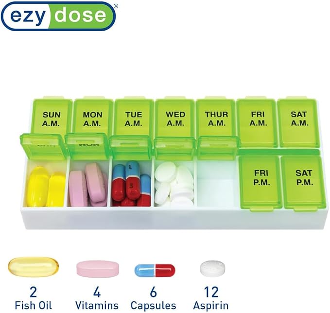 EZY DOSE Weekly AM/PM Daily Pill Case, Medicine Planner, Vitamin Organizer, Fish Oil Holder, Supplements Container, Medium Compartments, 2 Times a Day, Color May Vary (Randomly Selected), BPA Free