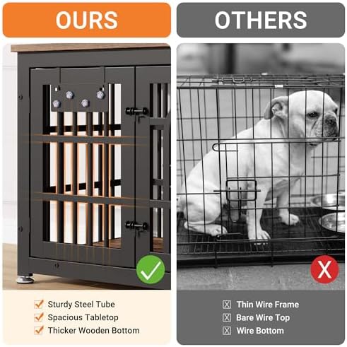 YaFiti 31.5" Dog Crate Furniture, Wooden Dog Kennel with Bowl, Rustic Brown | Adjustable 360° Rotating Feeder, Name Tag, for Small Dogs, Chew-Resistant, Heavy Duty, Side End Table, Decorative Pet Cage