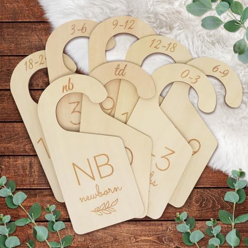 Wooden Double-Sided Baby Closet Dividers for Baby Clothes Organizer, 0-24M | Set of 8, Size Ranged from NB to TD, Gender Neutral Design, Fits for Almost Closet Rods, Gift for Baby Shower and Nursery