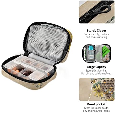 Vintage Sunflower Bee Pill Box 7 Day Pill Case Travel Pill Organizer Bag with Zipper Portable Weekly Case Compact Size for Vitamin Supplement Holder