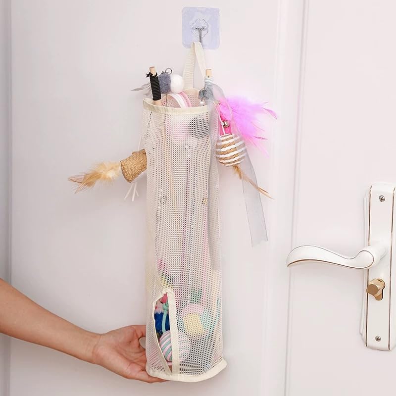 Cat Wand Toy Storage Organizer, Wall Mounted Mesh Holder for Cat Toys, Space-Saving with Adhesive Hooks (Single Compartment)