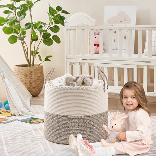 KAKAMAY Large Blanket Basket (18"x18"x16"),Woven Baby Laundry Hamper for Storage, Cotton Rope Blankets Baskets for Nursery, Laundry, Living Room, Pillows, Baby Toy chest with Handles (White/Beige)