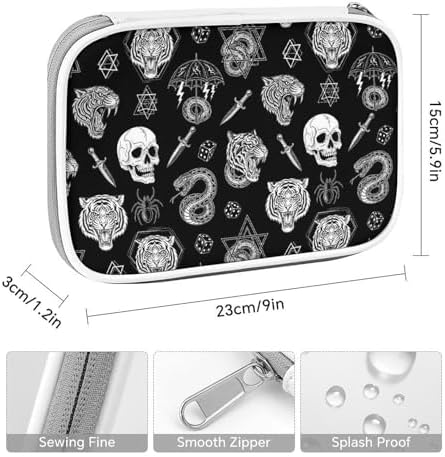 Large Cute Pencil Case, Colored Pen Pouch With Zipper Storage And Organizer Tattoo Dice Diamond Skull Tiger Snake Spider Knife Black