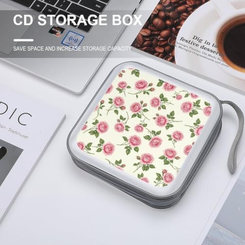 CD Protective Case Floral Pink Rose 40 Capacity DVD Holder Wallet | Hard Plastic Disc Storage Binder Floral Retro Romantic Peony Chic Flower Pink Rose, Sturdy Zipper, Portable Carry Handle