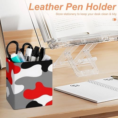 Fashion Pen Cup Pencil Holder Makeup Brush Storage Leather Desk Organizer Military Red Camo Army Camouflage