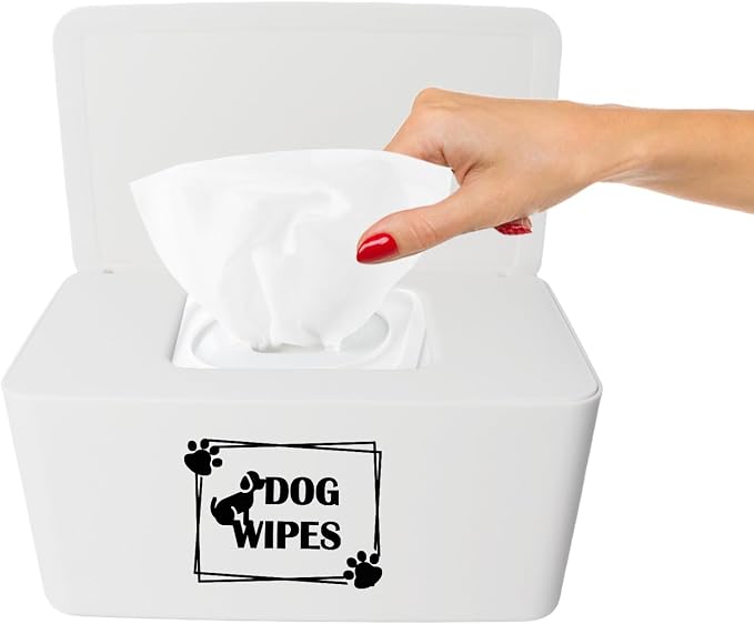 Klmnop Dog Wipes Dispenser for Paw & Butt Cleaning, 8.3L x 4.9W x 3.9H inch Wipe Holder with Lid, Refillable & Portable(White)