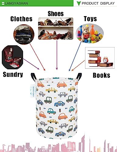 Round Laundry Basket Collapsible Storage Hamper with Car Print | Waterproof Canvas Foldable Baskets with sturdy Handles Multi-scene Organizer for Home Play Bedroom Gift Bin