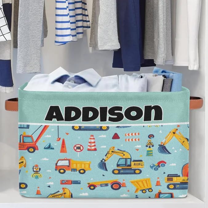 Custom Storage Basket, Personalized Name Rectangle Organizer Bin for Pet/Children Toys, Books, Clothes, Perfect for Rooms/Playroom, Cartoon Construction Site Cranes Excavator